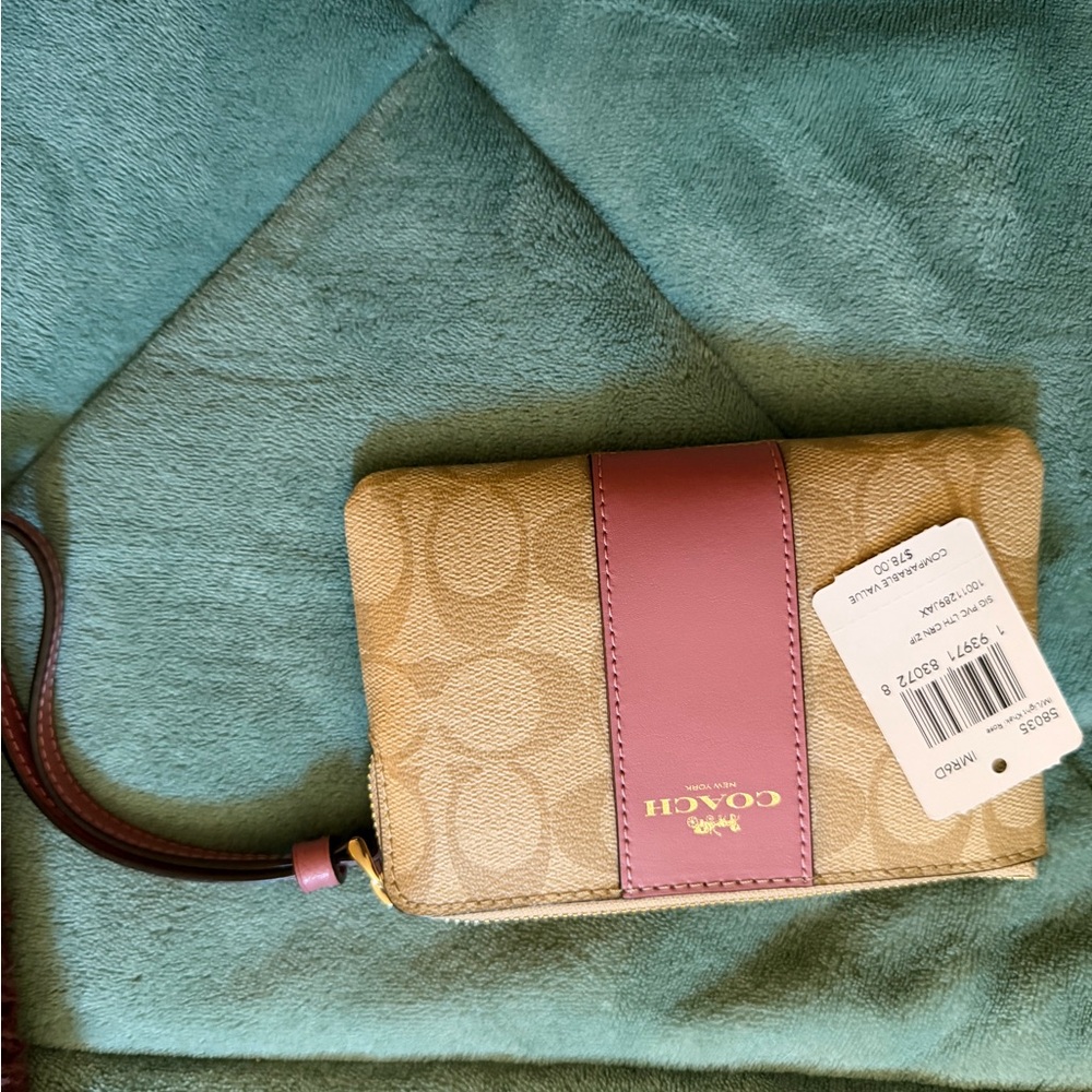 Coach Tan Signature Canvas Wristlet with Pink Leather Stripe